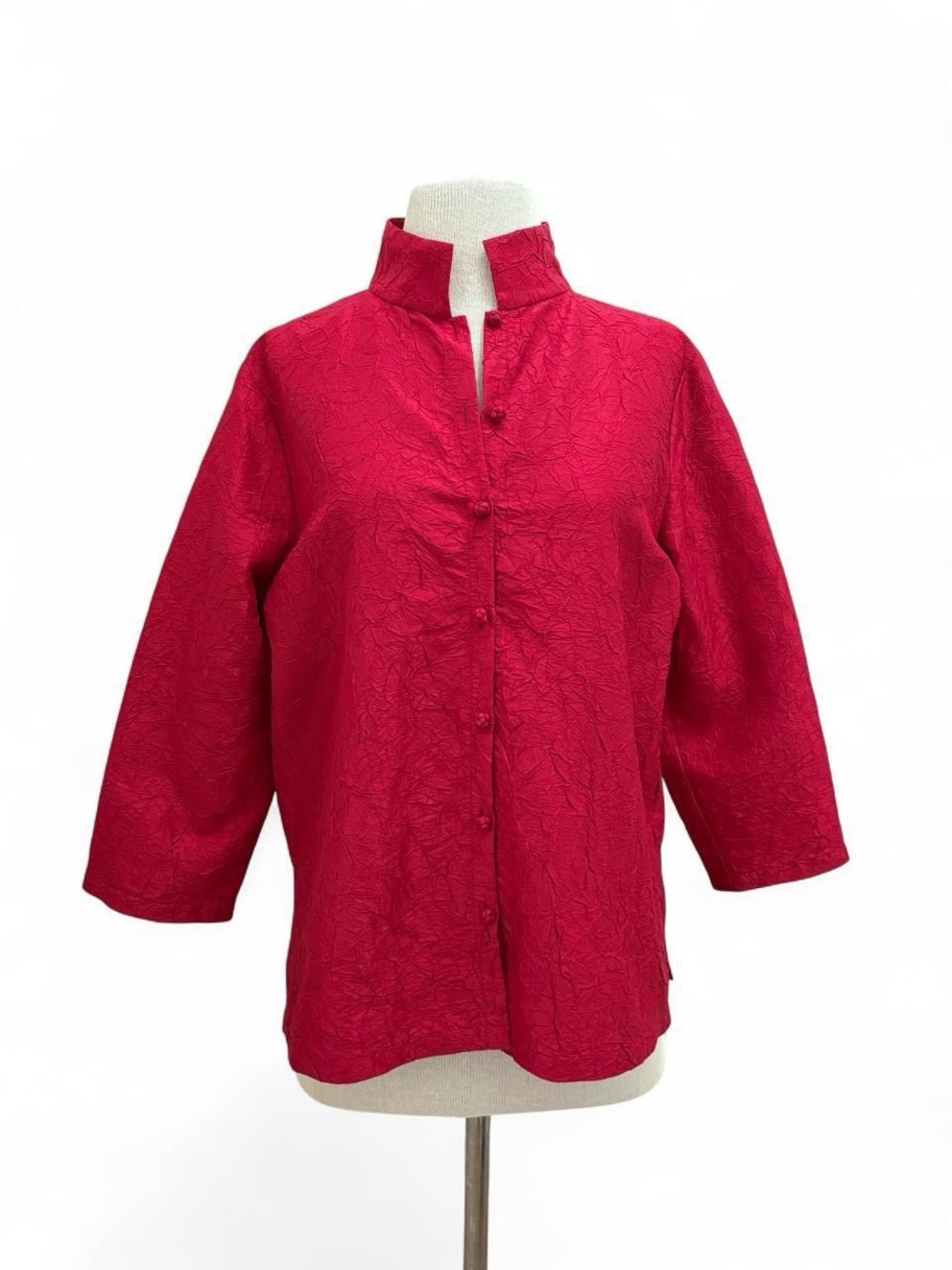 Eileen Fisher Red 100% Silk Crinkle Mandarin Collar Frog Button Jacket Size XS/S